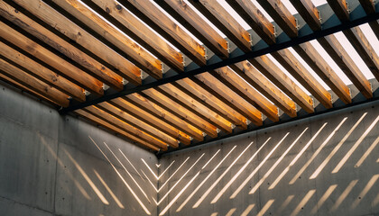 Naklejka premium Wooden slats with sunlight creating striped shadows on concrete wall.