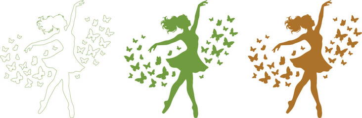 Graceful ballerina silhouette vector set, dancing woman with flowing butterflies, elegant female dancer in outline, green, and brown, artistic graphic resource for design projects isolated on © Syed Awais