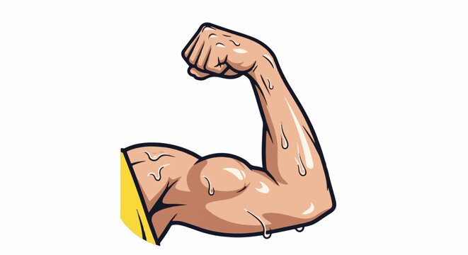 Muscular bicep flexed and sweating, showing defined muscles