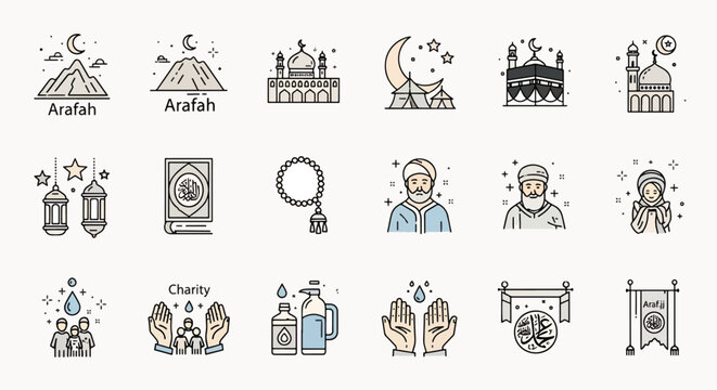 Collection of Islamic icons representing religious symbols and cultural elements, including mosques, holy books, and prayer beads, designed for Ramadan and Hajj