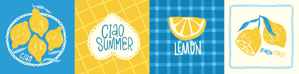 Naklejka premium Amalfi lemons lettering square banners, hand drawn Italian citrus cards set, Ciao Summer lemon slice typography collage for Mediterranean packaging, web headers and summer party invitations. Vector