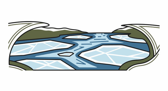 Stylized illustration of a river with floating ice chunks and surrounding hills