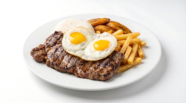 Peruvian Bistec a lo Pobre on White Plate, 45 degree angle