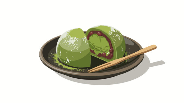 Vibrant vector graphic of a fresh matcha vector mochi dessert, showcasing its delightful green tea filling and sweet red bean paste, served neatly on a plate