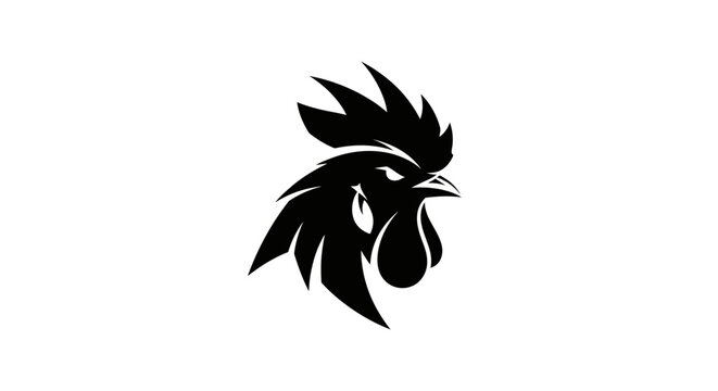 Black Rooster Head Silhouette, Aggressive Stance, Minimalist Logo Design