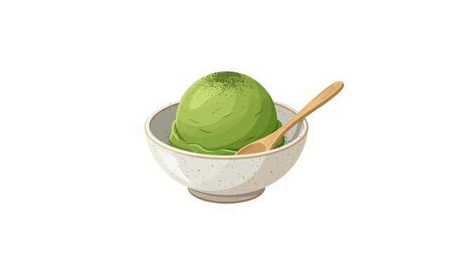 Refreshing Green Matcha Ice Cream Bowl with Wooden Spoon Vector Illustration