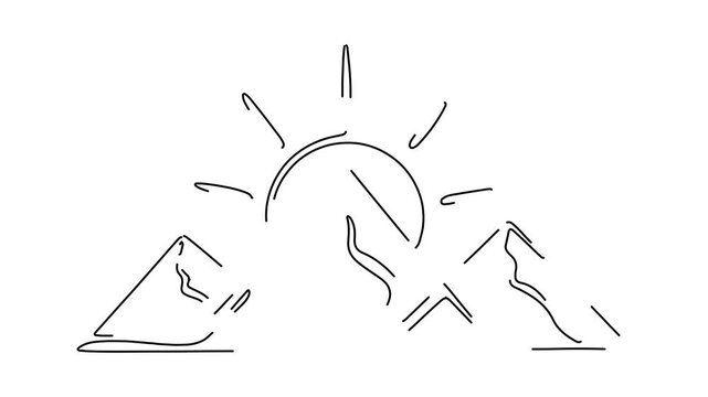 Continuous line art drawing of mountains and sunrise.