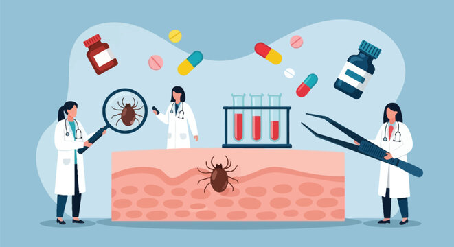 Tick-borne encephalitis vaccination prevention. doctors examine patient's skin with tick. danger of tick bite and lyme disease, allergy analysis.