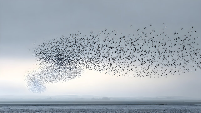 Thousands of starlings perform a mesmerizing murmuration a breathtaking aerial ballet of synchronized flight creating abstract shapes against a vast overcast sky above a tranquil