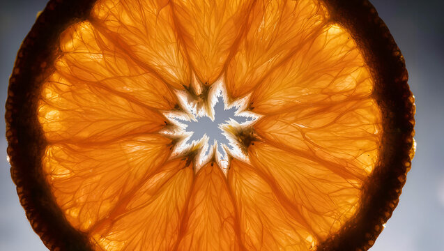 Macro closeup of vibrant orange citrus fruit slice cross section backlit with translucent flesh and visible pulp segments, abstract food editorial photography copyspace