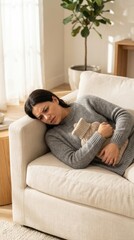 Obraz premium Bladder infection agony: woman feel, cystitis discomfort, lower abdomen, heat relieve, medical issue, physical suffering, wellness struggle.
