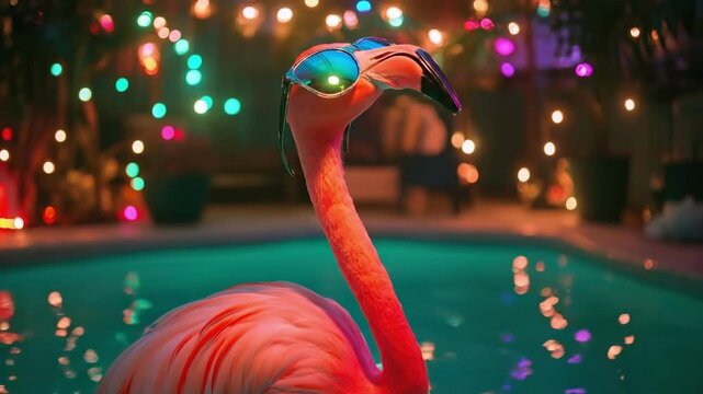 Flamingo with sunglasses by poolside at night party with colorful lights