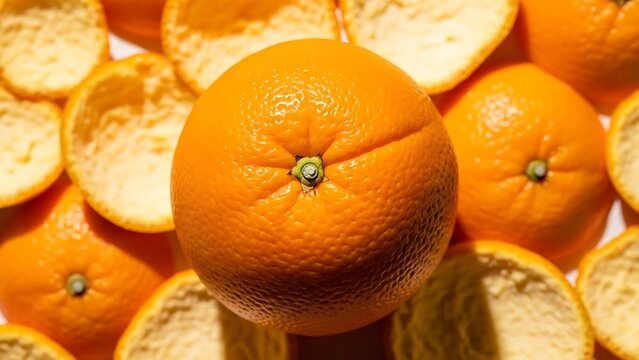 Fresh oranges and orange slices closeup.