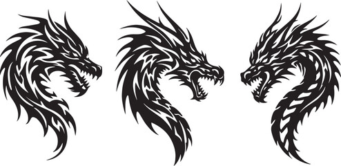 Black tribal wolf and lion head vector illustration design featuring a wild animal silhouette symbol mascot logo with dragon and monster art elements © Mk