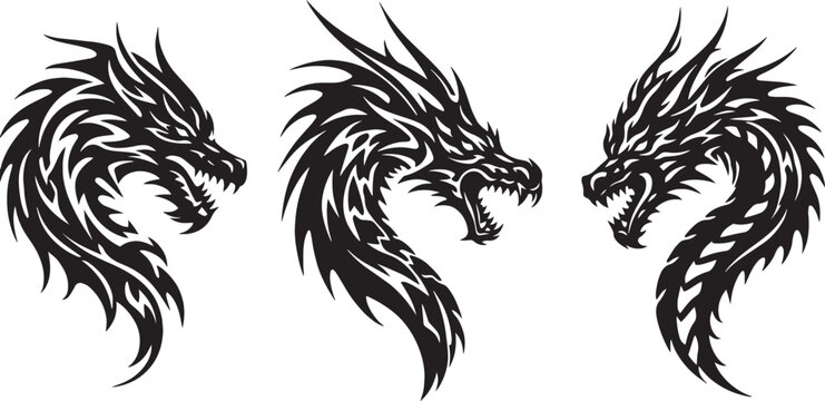 Black tribal wolf and lion head vector illustration design featuring a wild animal silhouette symbol mascot logo with dragon and monster art elements