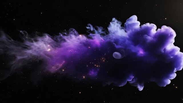 Purple smoke cloud drifting through dark space with golden stars. Ethereal nebula gaseous flow in galaxy. Cosmic gas explosion background for galactic motion.