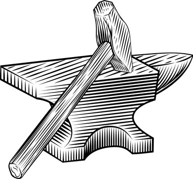 Hammer and anvil blacksmith workshop metalwork tools illustration in a vintage woodcut engraved etching style.