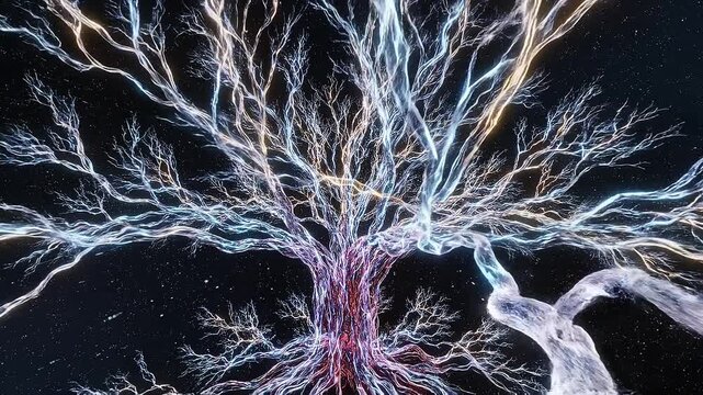 Exploring glowing tree of lifes complex neural connection to universal cosmic mind. An abstract vision of spiritual energy