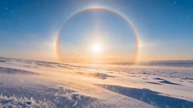 Snowy landscape with sun halo