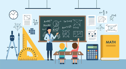 Math lesson with teacher at blackboard explaining geometry and equations to two students sitting at desks, surrounded by math tools and diagrams. © DHS