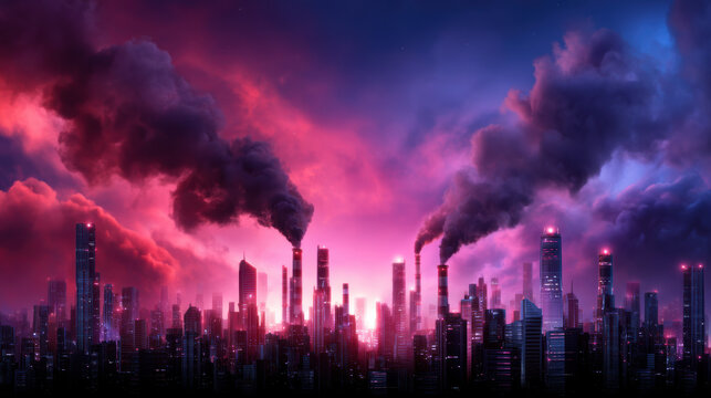 futuristic city skyline at dusk with towering skyscrapers emitting thick, dark smoke, highlighting industrial pollution against a vibrant purple and pink sky.