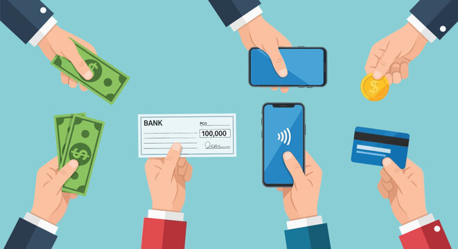 Multiple hands exchanging various forms of payment including cash, check, credit card, and mobile payments, illustrating diverse financial transactions.