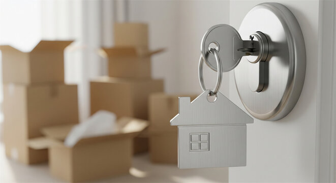 House key with home shaped keychain in door lock, cardboard moving boxes in blurred background, real estate relocation and new home concept