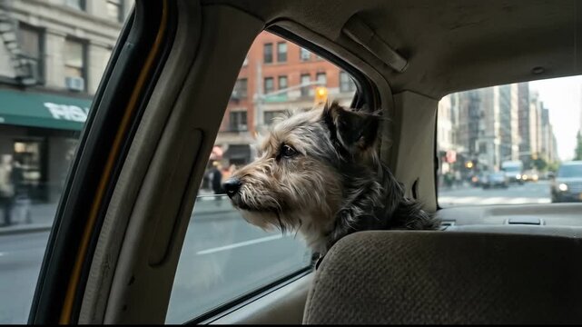 Dog looking out from car window observing city scenery. Urban setting with buildings, street traffic, and bright daylight. Concept of pet travel, city exploration, pet care