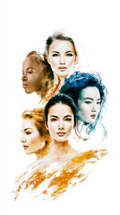 Fototapeta premium Watercolor illustration of female portraits of different types and races. Vertical composition for themes of equality, beauty, diversity, and fashion.