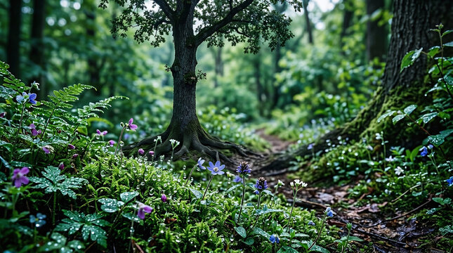 Enchanted forest floor with blooming purple wildflowers and mossy tree roots after rain. Dew drops on green ferns and hepatica blossoms in a mystical spring woodland glade.