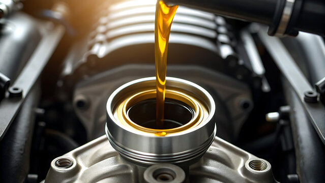 Engine piston receiving oil during mechanical assembly in workshop