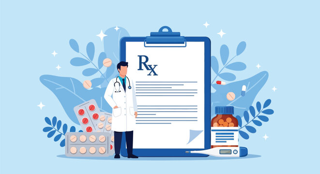 Doctor in lab coat standing next to giant clipboard with medical prescription Rx symbol, surrounded by pills and medical equipment.
