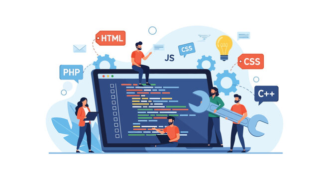 Group of developers working on web development, programming, coding, with HTML, CSS, JS, PHP, C++ symbols around laptop.
