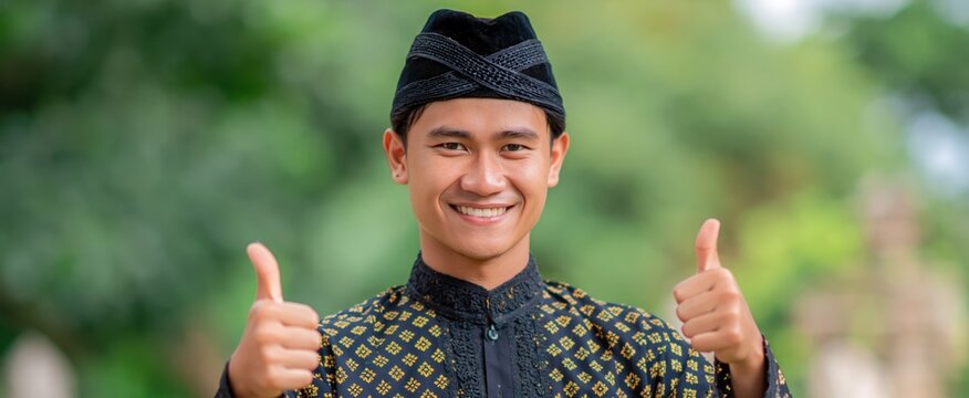 Smiling Javanese man dressed in traditional Indonesian blangkon pointing to the blank space beside him.