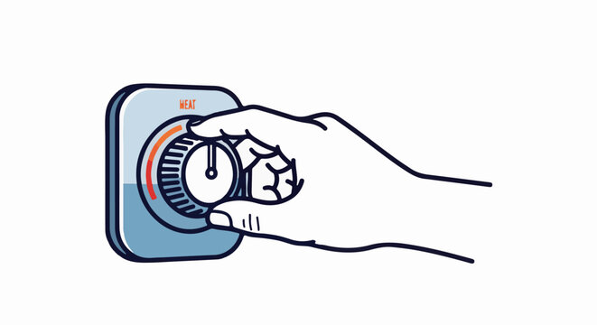 Hand turning a dial indicating heat adjustment with a temperature scale