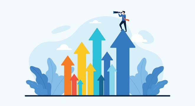 Businessman standing on top of rising arrow graph, looking through binoculars, symbolizing business growth and market analysis.