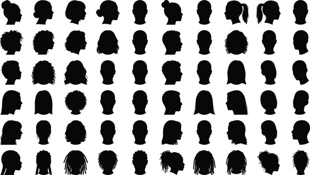 Large collection of male and female head silhouette avatars with diverse hairstyles isolated on gray background
