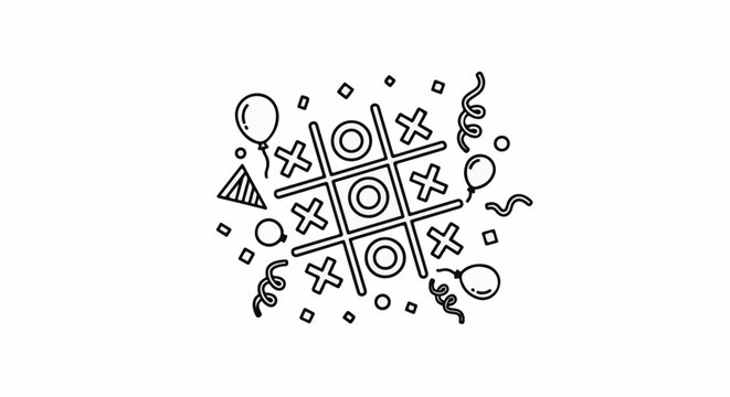 A festive tic-tac-toe game with balloons, confetti, and party hats