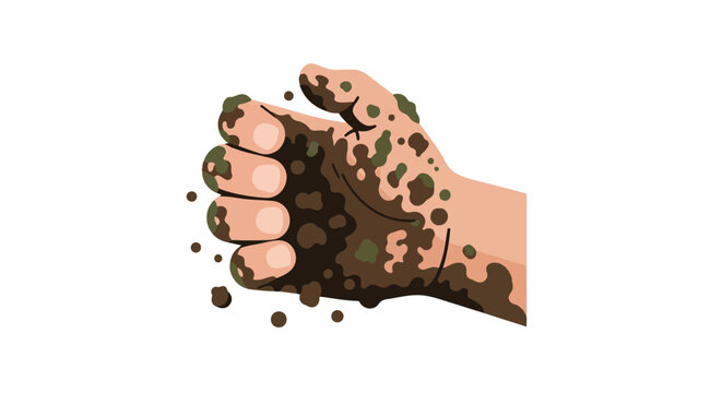 A light-skinned hand covered in dark mud and green clumps on a white background
