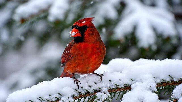 A vibrant red male northern cardinal perches gracefully on a snow-covered evergreen branch, its brilliant plumage a striking contrast against the soft winter landscape, showcasing nature's