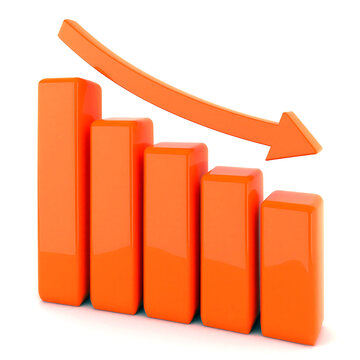 Bright orange bar chart with downward trend arrow showing decline in statistics data visualization