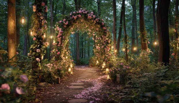 Romantic forest wedding arch adorned with roses and string lights along a serene pathway