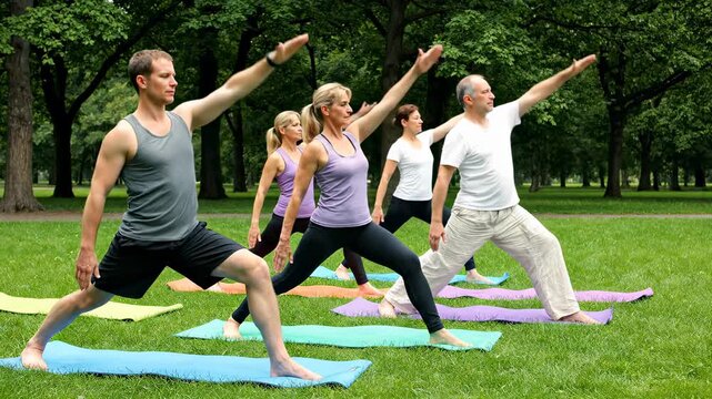 Group performs yoga poses in green park with trees. Clear grass area provides space for practice. Concept of fitness, wellness, relaxation
