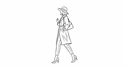 Obraz premium Elegant person in stylish coat, hat, and handbag walks confidently