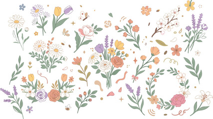 Fototapeta premium Delicate Floral Botanical Illustration Collection Featuring Wildflowers Bouquets Wreaths and Elegant Nature Elements for Wedding and Branding Projects