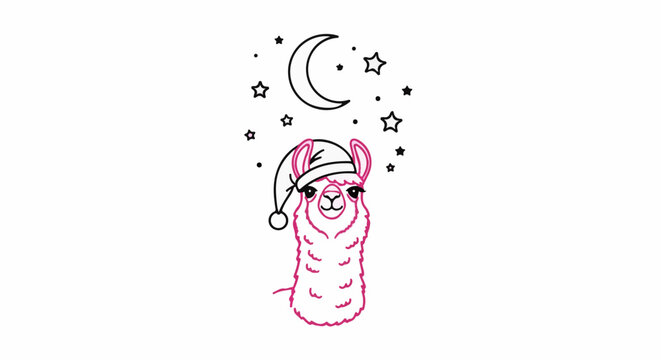 Cute llama wearing a nightcap under a starry moonlit sky