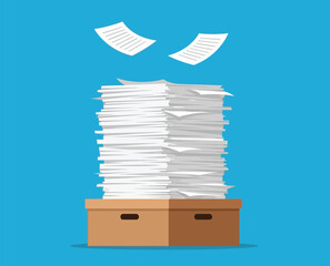 Overflowing box of white paper documents stacked high with loose sheets flying into clear blue sky illustrating document overload and office clutter concept. © DHS