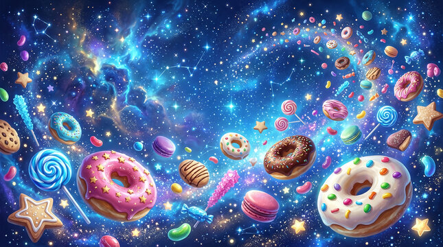 Cosmic donuts and sugary candies floating in a vibrant galaxy nebula, surreal dessert space art, whimsical confectionery constellation, magical food fantasy background.
