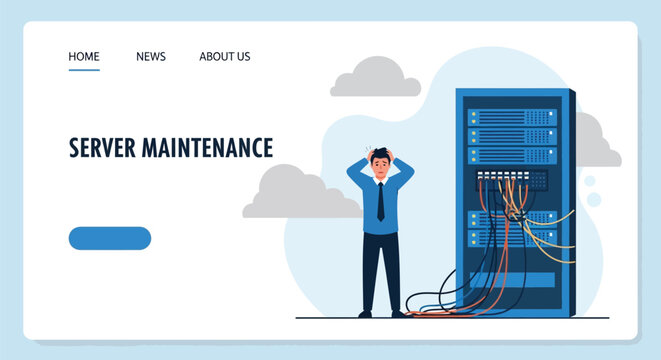 Server maintenance illustration with a stressed man looking at a disconnected server rack, depicting network problems and error message.
