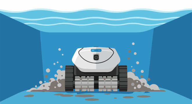 A robotic pool cleaner is shown underwater, clearing debris and stirring up dirt